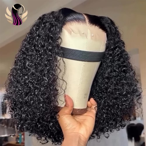 Parrucca in capelli umani ricci d'acqua 16 pollici, pizzo trasparente frontale 13x4, Brazilian Deep Wave caschetto corto, chiusura in pizzo 4x4 per donna