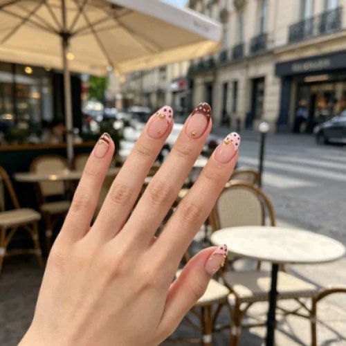 Bộ móng giả dán ngắn, ôvan — màu cà sữa & nude jelly, chấm bi, sọc đôi và hạt vàng mini — phong cách tối giản hàng ngày