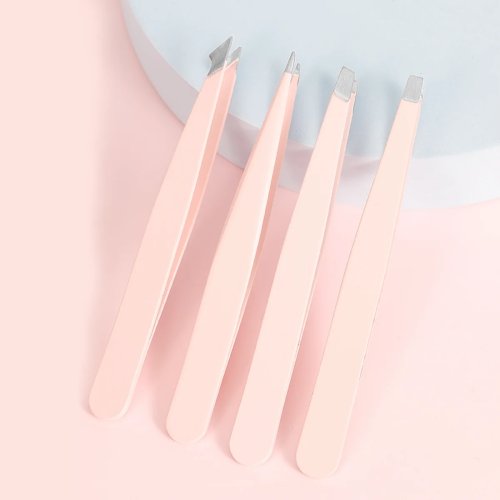 Bộ nhíp 4‑trong‑1 màu hồng, thép không gỉ, đầu thay đổi đa năng cho nhổ lông mày, gắn mi, lấy lông mọc ngược và dằm, chuẩn salon