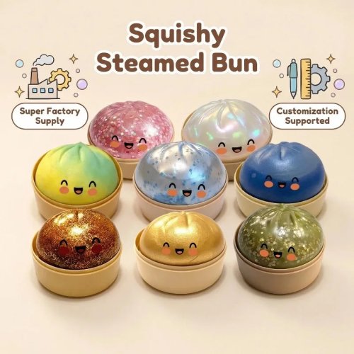 Squishy Bao (brioché vapeur) — boule anti‑stress slime transparente pailletée, non collante. Jouet fidget sensoriel anti‑anxiété, cadeau enfant (anniversaire/Noël), cadeau fête