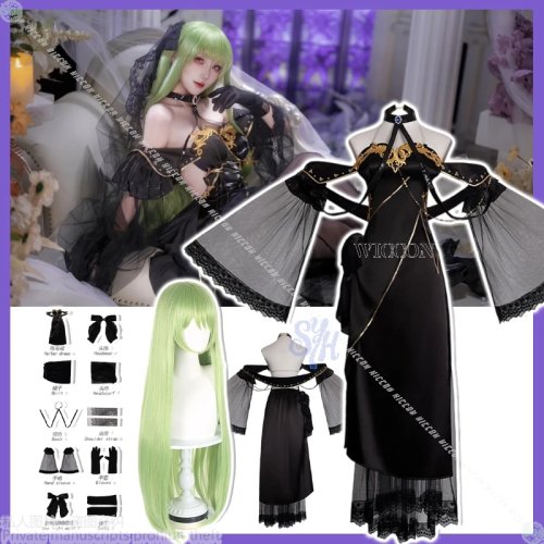 Vestido de Noiva Preto Gótico de Renda, Fantasia Cosplay Estilo Lolita para Lelouch de Code Geass, com Peruca Verde, Festa de Halloween