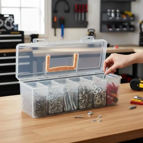 Transparante opbergdoos voor gereedschap met meerdere vakken en draaghendel voor thuis en garage