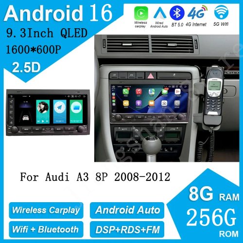 Radio Multimedia Android 16 para Coche para Audi A3 8P 2008-2012 Carplay Inalámbrico Navegación GPS WIFI DSP