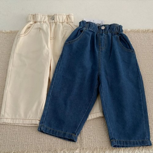Pantaloni jeans coreani autunno per bambini - Colore unito, vita elastica, jeans per ragazzi e ragazze, pantaloni casual per bambini