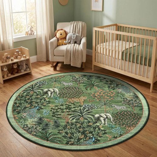 Thảm tròn rừng xanh với hình động vật sống động - Hổ, Voi, Ngựa vằn cho phòng trẻ em hoặc phòng khách