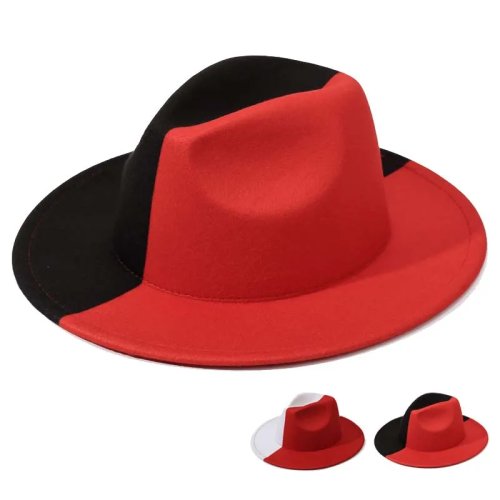 Sombrero Fedora patchwork para mujer - Otoño/Invierno, para fiesta y boda, elegante, ala plana estilo jazz, unisex, Negro/Rojo