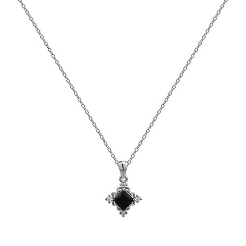 Vintage square black onyx pendant necklace with white CZ border — minimalist dark-tone women's collar