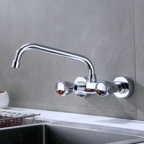 1 Pièce Robinet de Cuisine en Laiton Chromé, 360° Rotation, Montage Mural, Mitigeur Eau Chaude et Froide pour Balcon, Serpillère, Piscine