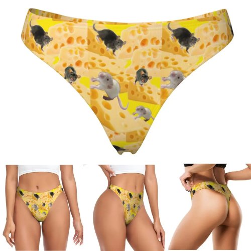 Women's Breathable Stretch G-String Thong Panties — Rat/Mouse & Cheese Print, Comfortable Underwear