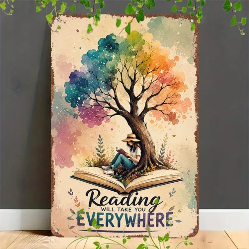 Retro metal tin sign — "Reading Will Take You Everywhere" 2D flat wall decor for home, garage, café, bar & garden