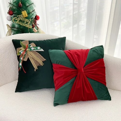 غطاء وسادة عيد الميلاد 2026 45×45 سم مخمل وقطن بتصميم باتشوورك مع فيونكة، غطاء زخرفي للأريكة