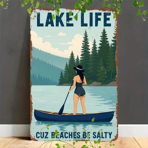 Retro metalen bord 2D "Lake Life – 'Cuz Beaches Be Salty'" – Muurdecoratie voor huis, garage, café, bar en tuin