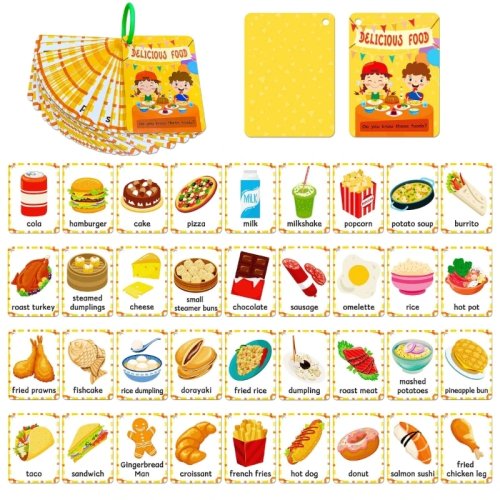 Flashcards de alimentos com argola, 48 cartas ilustradas com cantos arredondados para reconhecimento de alimentos — aprendizagem pais-filhos