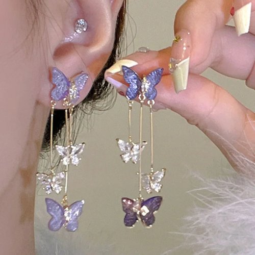 Orecchini pendenti in argento 925 farfalla viola con nappine lunghe per donna, cristalli, moda coreana