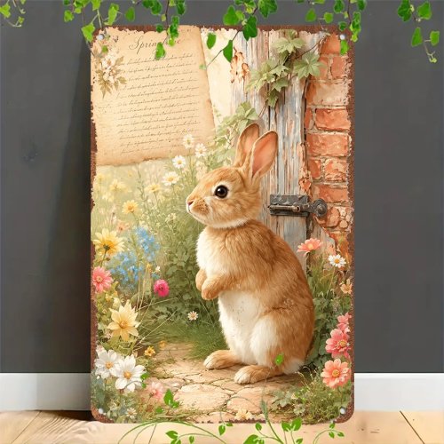 Retro-Blechschild „Springtime Garden Bunny“ – flaches 2D-Vintage-Schild aus Metall zur Dekoration von Zuhause, Garage, Café, Bar und Garten