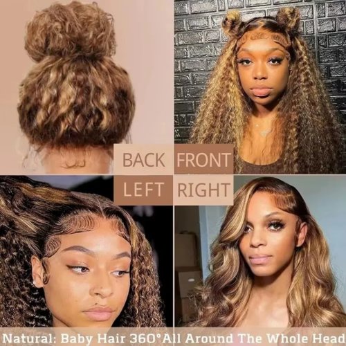 427 Highlight 360 Perruque Full Lace Cheveux Humains, Pre Plucked HD Lace, Bouclée Deep Wave, Blond Miel, 30 Pouces