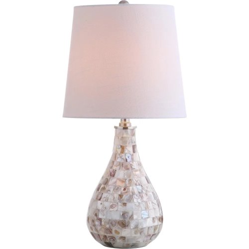 Moderne LED-Tischleuchte mit weißem Leinen-Trommelschirm und Perlmutt-Muscheldekor — Küstenstil Nachttischlampe