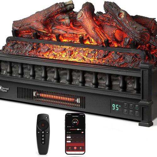 Camino elettrico a infrarossi (quartz) per casa — nero, ceppi realistici in stile lemonwood con suono scoppiettante, colori della fiamma regolabili, termostato e timer