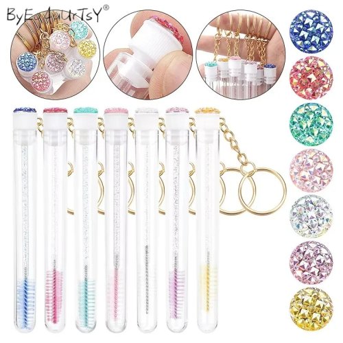 Escova de pestanas em estojo dourado com glitter e pente de sobrancelhas porta-chaves — 1 un., aplicador de máscara com micro-pincéis para extensões e lifting de pestanas