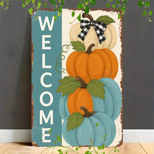 Cartel metálico retro con calabaza de otoño 'Bienvenido' — decoración rústica para casa, garage, café, bar y jardín