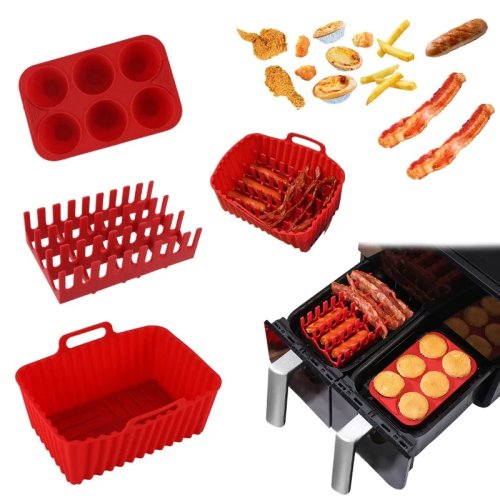Bandeja de silicón rectangular grado alimenticio para freidora de aire con rejilla para tocino y hot dogs — molde multifunción para hornear/pizza