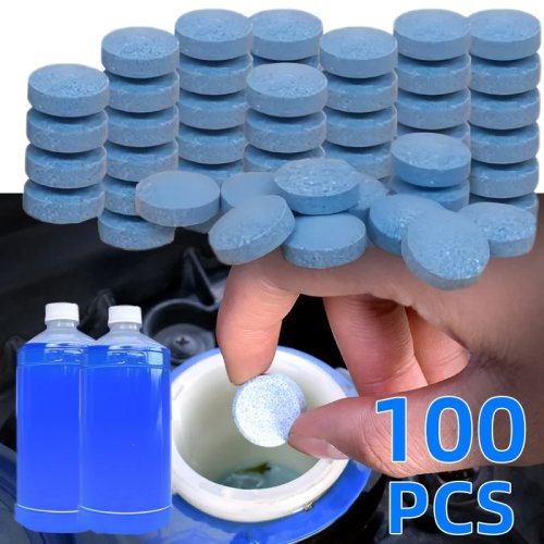All-season effervescent windshield washer tablets — solid concentrate, shellac-free formula