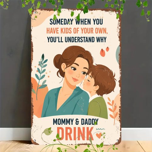 Винтажная металлическая табличка 2D «Mom & Kid Drink» — декоративная жестяная вывеска для дома, гаража, кафе, бара и сада