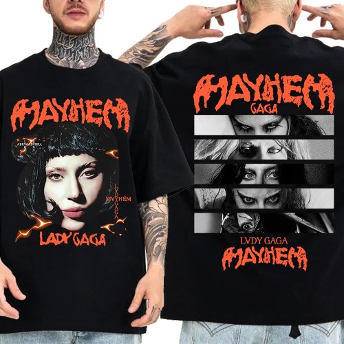 เสื้อยืดผู้ชาย Lady Gaga "Mayhem" ทัวร์ แขนสั้น คอกลม พิมพ์ลาย