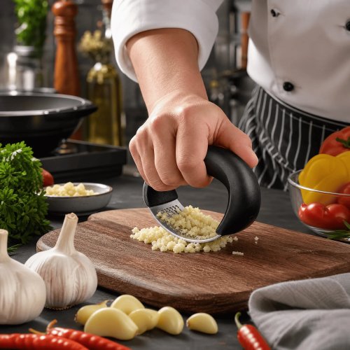 Knoflookpers van roestvrij staal, gebogen knoflookhakker, keukenhulp