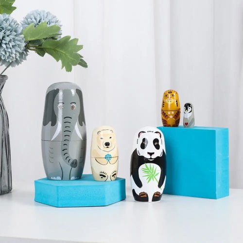 Set de 5 Poupées Matriochka en Bois Animal - Poupées Russes à Empiler, Motif Chien, Bricolage pour Filles, Cadeau de Noël
