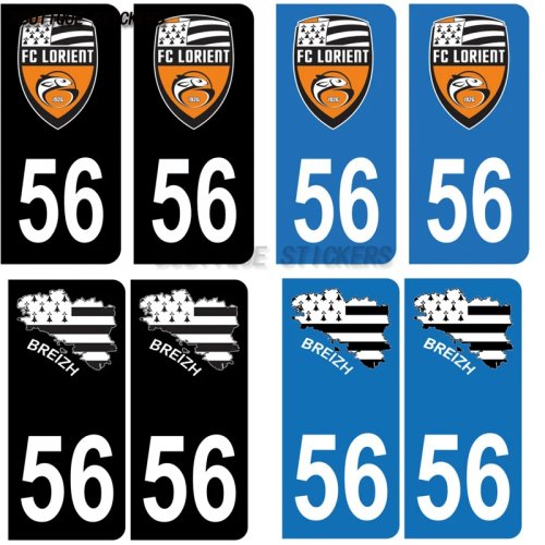 2 unid. Autocolantes para matrícula francesa em PVC impermeáveis '56' FC Lorient e mapa da Bretanha Preto/Azul