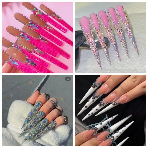 Set 10 pcs kuku palsu stiletto 7 cm, handmade, akrilik dengan rhinestone — press-on (kuku tempel) untuk wanita
