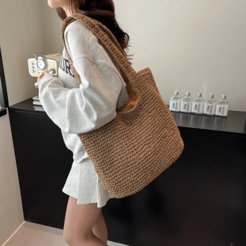 Tote bag van stro, gehaakt, effen natuurlijke kleur, brede hengsels, ademend – voor dagelijks gebruik en werk