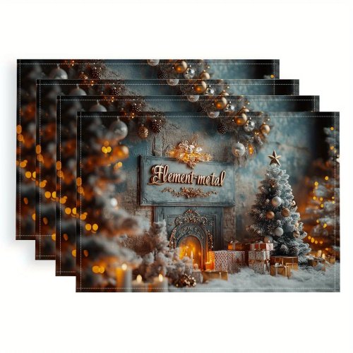 4-Piece Christmas Tree Placemats - Polyester, Digital Print, Hand Washable, 18x12 Inches, Snowy Scene