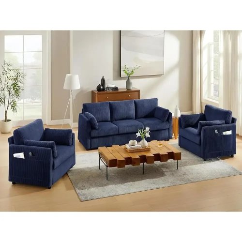 Conjunto de sofá 3 peças em cotelê azul-marinho para sala — sofá com 2 poltronas de leitura, almofadas macias e pufes com arrumação