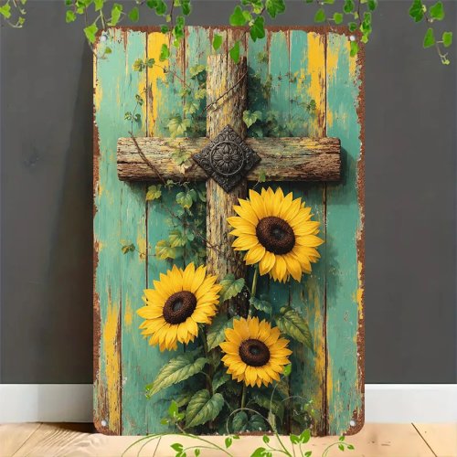 Retro 2D-Blechschild – Rustikales Sonnenblumen‑Kreuz im Landhausstil, Metallschild zur Dekoration für Haus, Garage, Café, Bar und Garten