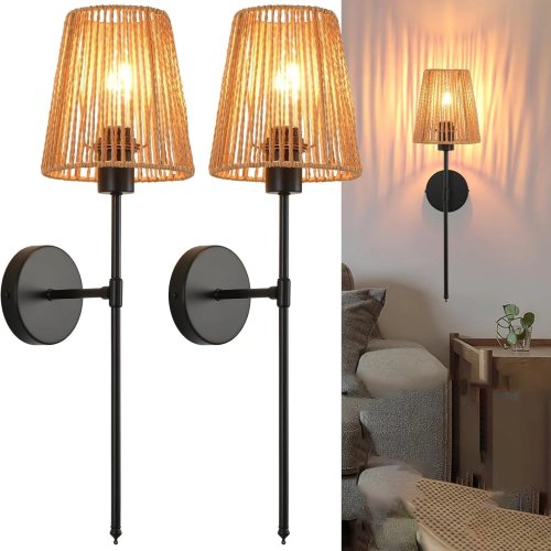 Bezprzewodowy kinkiet z rattanu w amerykańskim stylu — Prosta lampa nocna do hotelu, salonu i sypialni