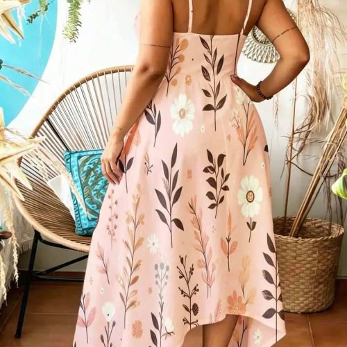 Vestido maxi sin mangas con estampado floral y escote en V — estilo boho veraniego para playa y vacaciones, bajo asimétrico