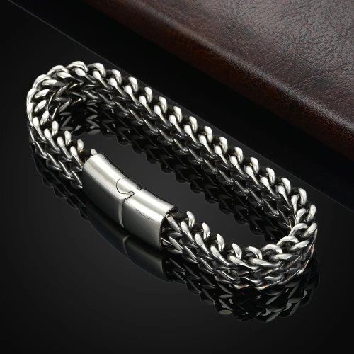 Pulsera de acero inoxidable doble hilera trenzada tipo escamas con broche magnético frontal/trasero, para hombre y mujer