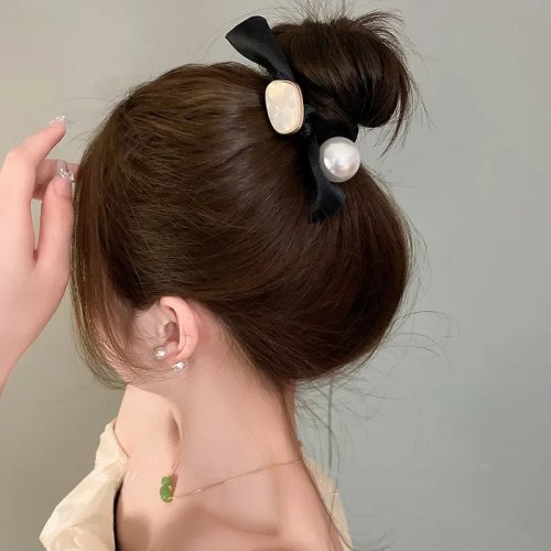 韓国風パールリボンシュシュ（ヘアゴム）— レディース用伸縮ヘアタイ