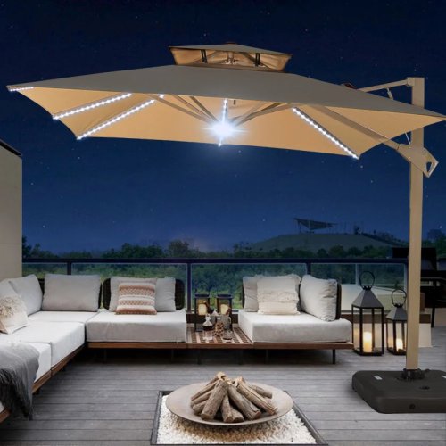 Übergroßer rechteckiger Freiarmschirm (Offset) mit Doppeldach für Belüftung und Solar-LED-Beleuchtung – hängender Sonnenschirm für Garten/Strand