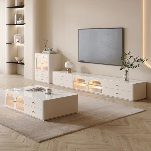 Luxe universele moderne tv‑kast — witte glazen tv‑tafel, Scandinavisch vloermodel voor de woonkamer
