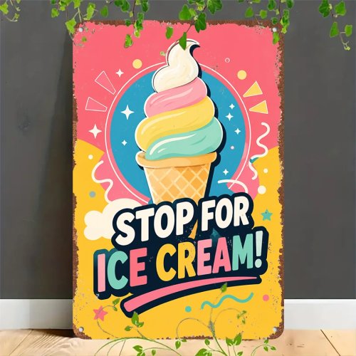 Retro metalowa tablica 'Stop For Ice Cream!' — Blaszana dekoracja ścienna w stylu vintage do domu, garażu, kawiarni, baru i ogrodu