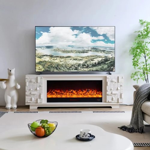 Móvel para TV branco de luxo com lareira integrada e portas decorativas entalhadas de forma irregular