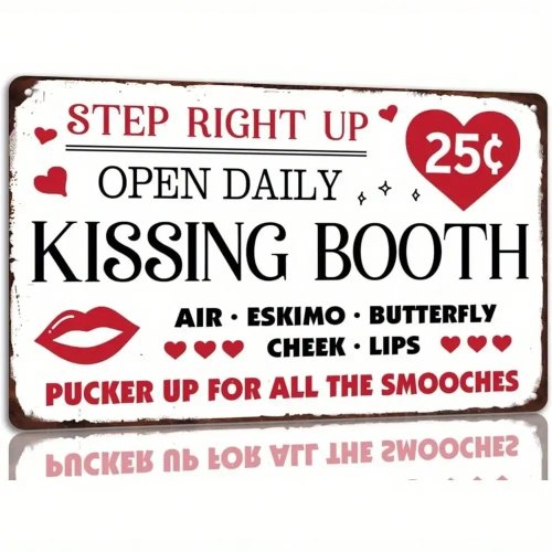 Metalowa tabliczka 'Kissing Booth' 8x12 cali — Zabawna dekoracja ścienna na Walentynki