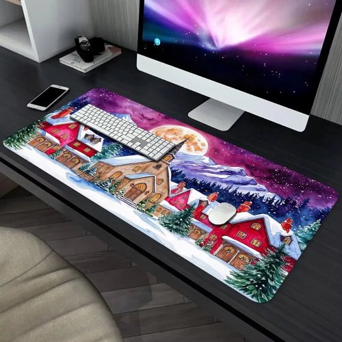 Mouse Pad Natal Town Full Moon - Pinggiran Jahit, Anti Selip, Alas Meja Gaming & Kantor, Karpet Dekorasi Natal