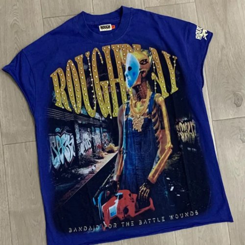 Hàng mới về ROUGH PLAY Áo ba lỗ nam hiệu ứng wash phong cách hip hop họa tiết đầu lâu cưa xích, rộng