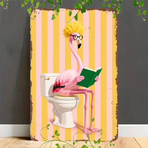 Retro Blechschild 2D – Flamingo liest auf der Toilette, Vintage Wandplakette für Bad, Zuhause, Garage, Café, Bar und Garten
