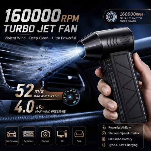 Безщітковий турбовентилятор 240W (2026), портативний, акумулятор 8000 mAh, перезаряджуваний, висока швидкість 57 м/с, зарядка USB‑C