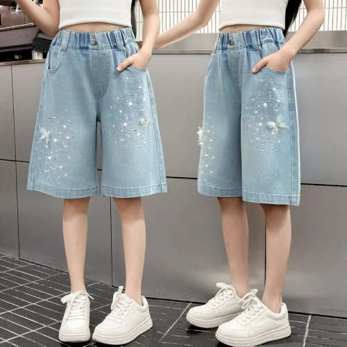 Celana Pendek/Capri Denim Anak Perempuan Musim Panas, tipis dengan hiasan kupu-kupu berlian imitasi, pinggang elastis, ukuran 4–14 tahun
